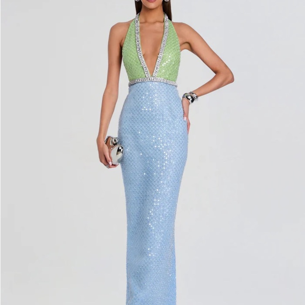 Retrofete Green and Light Blue Sequin Halter Gown